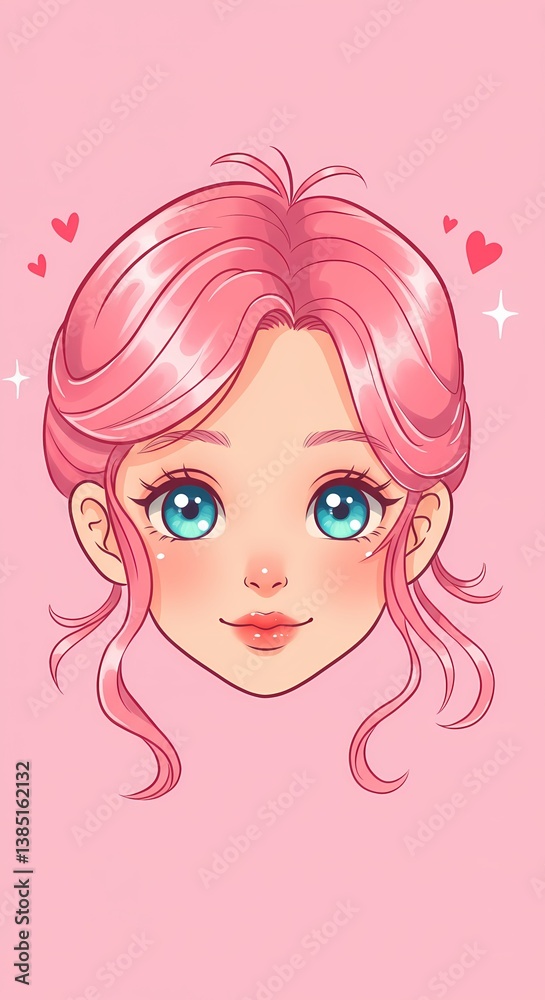 Cute animated girl with pink hair expressing happiness on pink background Cute animated girl with pink hair expressing happiness on pink background