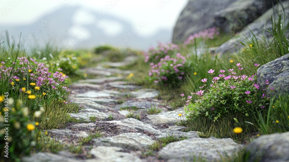 Obraz premium Serene Mountain Path: A Blooming Springtime Walk