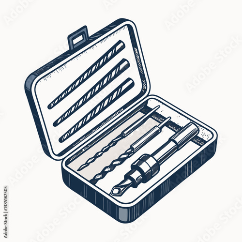 Create a vector illustration of a bold-stroked drill bit set, meticulously detailed, within a clearly defined storage case.