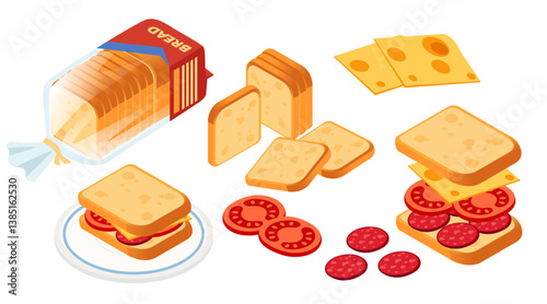 Collection of bread products and sandwich ingredients. Bread loaf with packaging. Sliced bread. Cheese and tomato slices. Prepared sandwich with ingredients. Vector illustration isolated on white