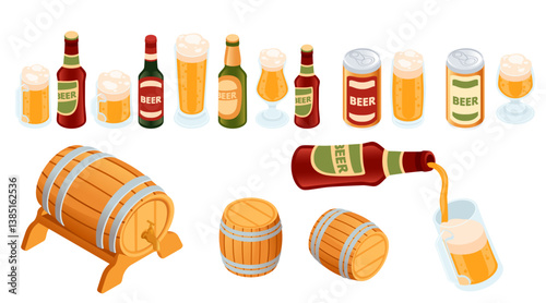 Collection of beer alcoholic beverages and containers. Various bottles of beer. Filled glasses with drinks. Wooden barrels and kegs. Brewery elements. Vector illustration isolated on white background