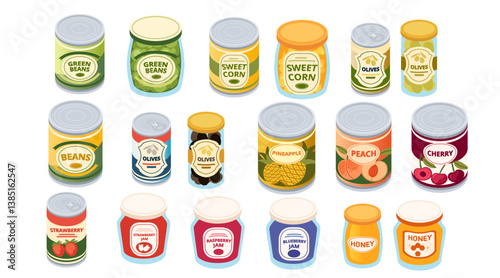 Isometric set of food jars and preserves. Various canned goods with labels. Different preserved foods. Jam, vegetables, and fruit preserves. Glass containers. Vector illustration isolated on white