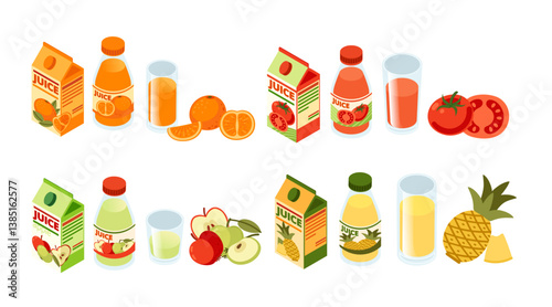Isometric set of drink containers with fruits. Juice boxes and bottles. Beverage collection. Fresh fruit drink packaging. Vector illustration isolated on white background