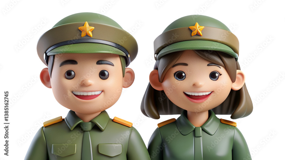 Two Smiling Cartoon Military Characters on White Background Two Smiling Cartoon Military Characters on White Background