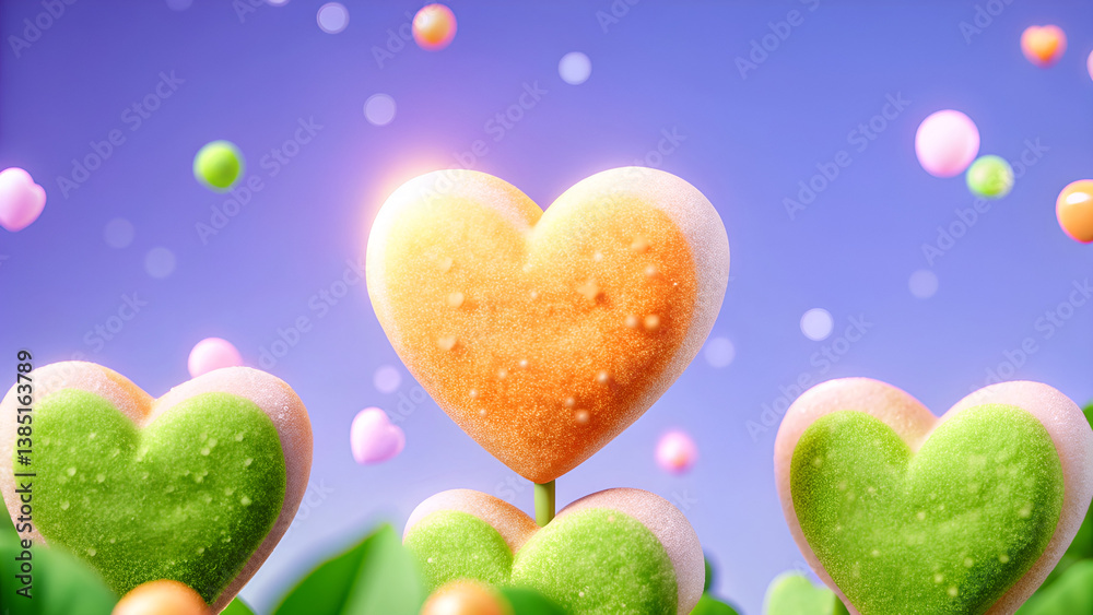 Fototapeta premium Colorful Heart Candies on Purple Background with Floating Sprinkles