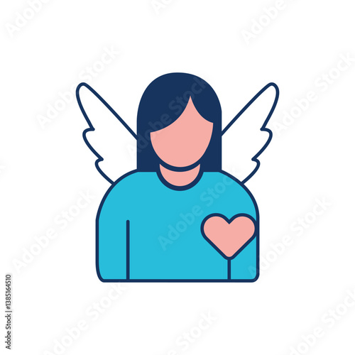 Vector Illustration of Angelic Figure in Blue Shirt with White Wings and Heart Symbol Representing Protection, Kindness, and Compassion in Modern Minimalist Design