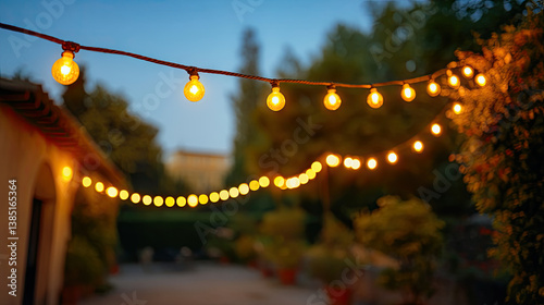 Outdoor string lights glowing in garden party celebration decoration idea
