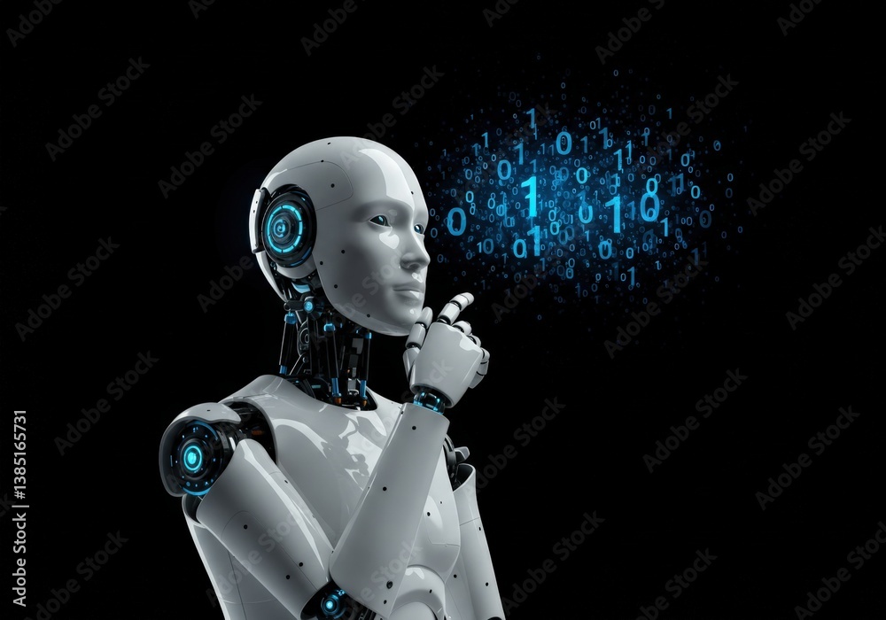 A modern robot with binary code stream indicates artificial intelligence and future technology. A modern robot with binary code stream indicates artificial intelligence and future technology.