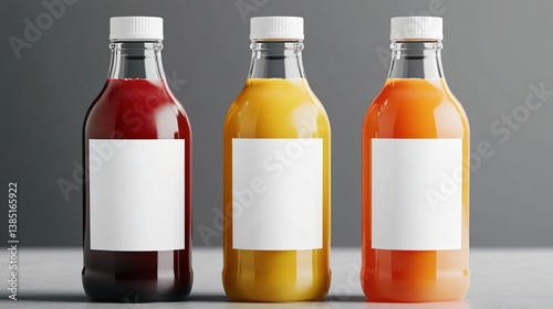 Assorted glass bottles filled with colorful juices with blank labels on a white surface for beverage branding mockup