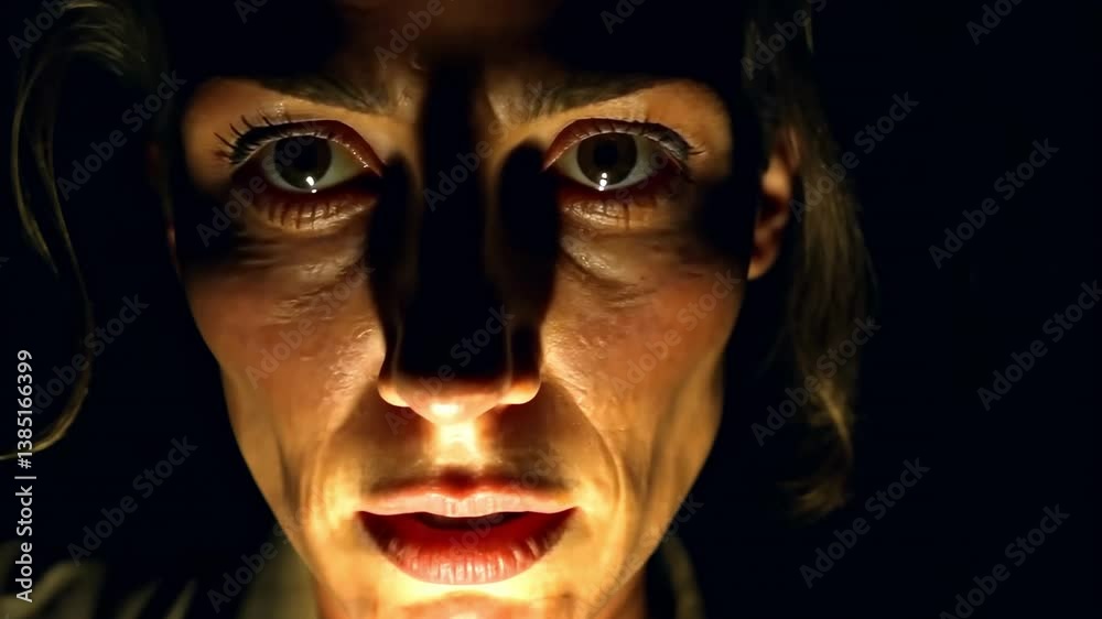 Intense closeup focus on person’s reaction in low light dramatic scene Intense closeup focus on person’s reaction in low light dramatic scene