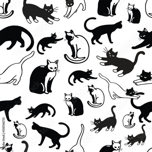 Black and White Cat Seamless Pattern