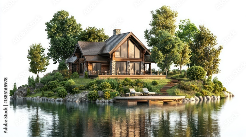Obraz premium Lakeside retreat house isolated on white background