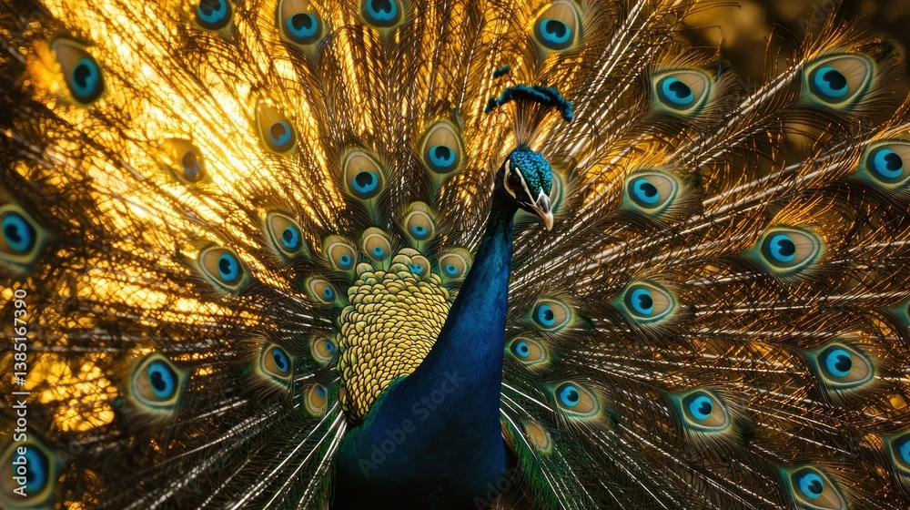 Obraz premium Majestic peacock displaying vibrant plumage against a golden sunlit backdrop.