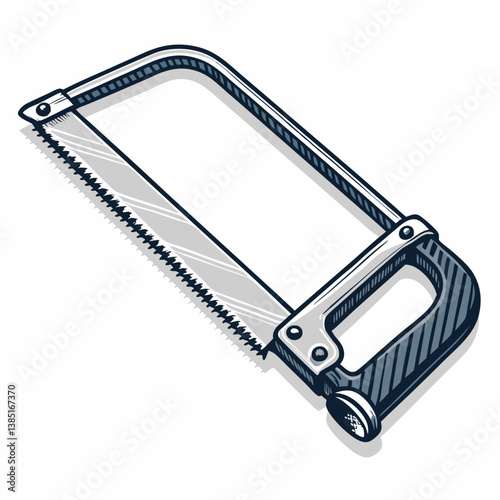 Create a bold vector illustration of a hacksaw with a metallic texture, emphasizing strong, thick strokes.  High detail required.