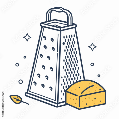 Create a bold, vector illustration of a hand grater for cheese, emphasizing strong, defined lines and sharp edges.  Include realistic details.
