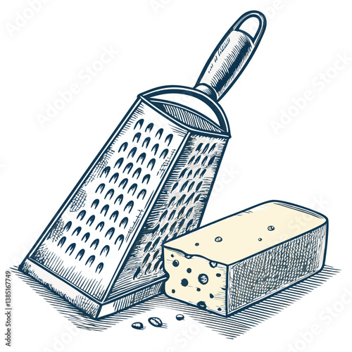 Create a bold vector illustration of a hand grater for cheese, emphasizing strong lines and sharp details.  Include realistic shading and highlights.