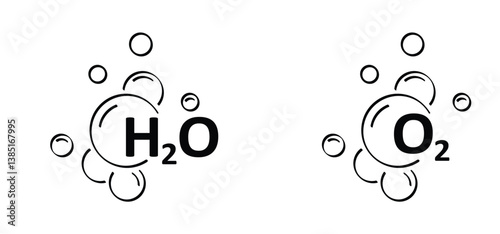 Oxygen, h20 or 02. chalcogen or ore-forming. H2O is water, liquid and O2 is oxygen, gas. Elements of atoms. Nonmetallic or nonmetals. Science symbol, element of atoms. 