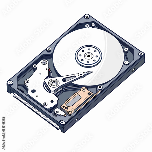Create a bold, vector illustration of a hard disk drive (HDD), emphasizing its metallic casing and internal components.  Show clear, defined strokes.