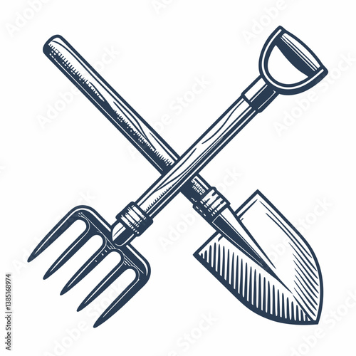 Create a vector illustration of a bold-stroke hoeing tool set,  emphasizing strong lines and clean design.  View should be from above (1).