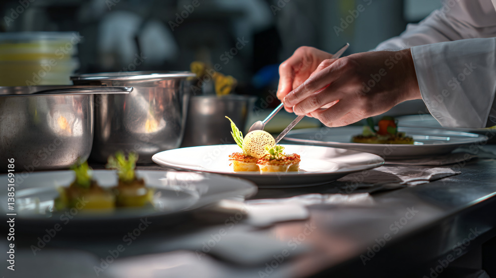Executive chef plating molecular gastronomy creation in a Michelin-starred restaurant. Executive chef plating molecular gastronomy creation in a Michelin-starred restaurant.