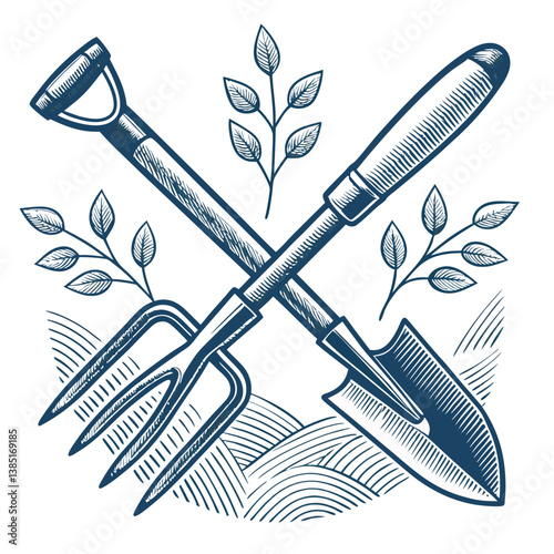 Create a bold vector illustration of a hoeing tool, set against a clean background.  Focus on thick, impactful strokes.