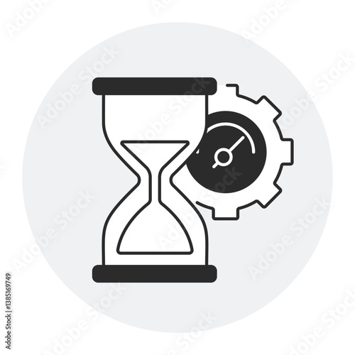 Deadline Management. Outline icon of an hourglass and gear representing project deadlines, time tracking, and schedule control.