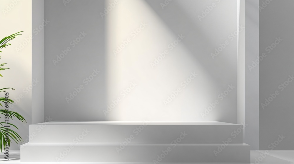 Obraz premium Empty white product display shelf near soft light and plant shadow for modern interior design.