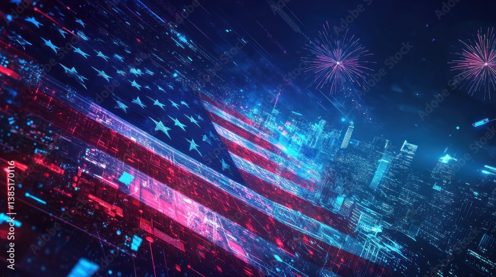 Fototapeta premium American flag, digital fireworks, cityscape, celebration