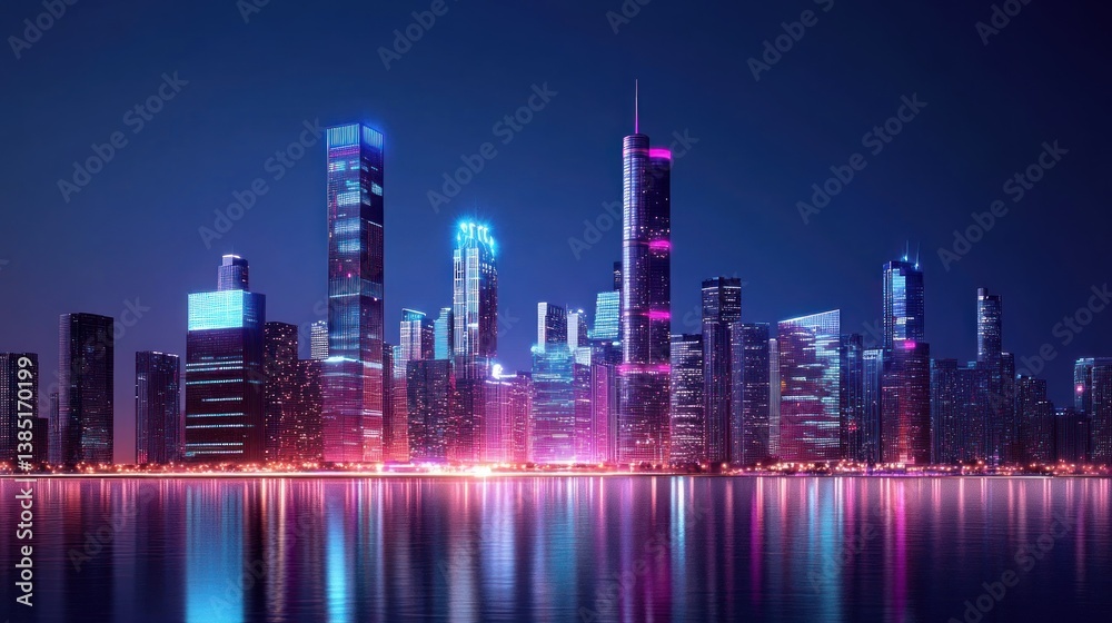 Fototapeta premium Night city skyline reflection, vibrant lights, waterfront, futuristic
