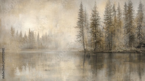 Misty lake reflecting serene autumn trees.