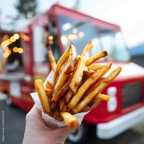 Close up of crispy french fries held by person in front of food truck