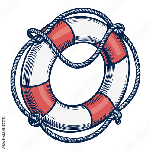 Create a bold vector illustration of a lifebuoy ring with a thick, impactful stroke.  Include rope details.