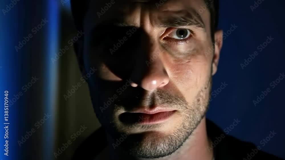 Dramatic expressions of a man in dim lighting with shadows and blue background Dramatic expressions of a man in dim lighting with shadows and blue background