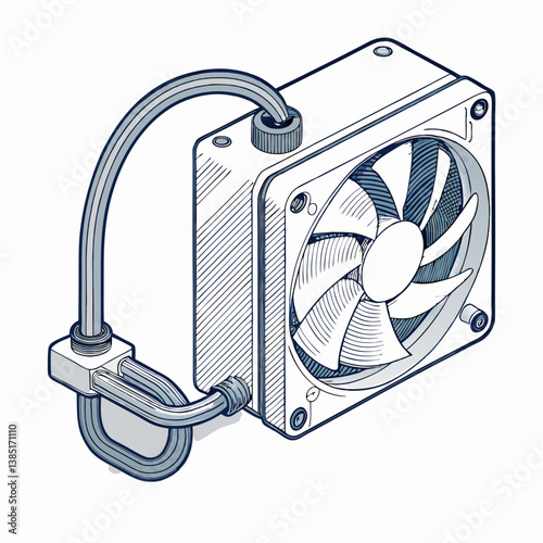 Create a bold vector illustration of a liquid cooling pump, emphasizing its mechanical components and fluid pathways.  Show strong outlines and vibrant color.