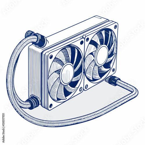 Create a bold vector illustration of a liquid cooling pump, emphasizing its internal components and fluid pathways.  Show strong lines and contrasting colors.