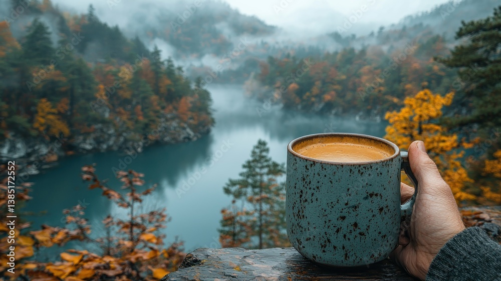 Obraz premium Autumnal Lake Serenity: A Misty Mountain View with Coffee