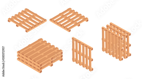 Isometric set of wooden pallets. Different pallet configurations. Shipping and storage platforms. Warehouse logistics equipment. Vector illustration isolated on white background