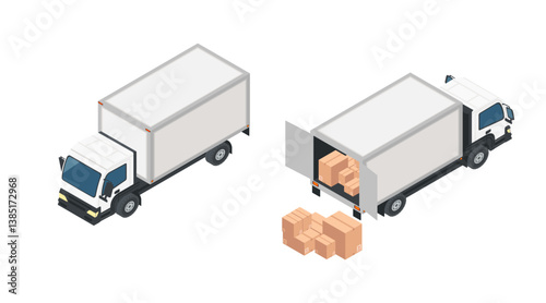 Isometric delivery trucks with cargo. Commercial shipping vehicles. Cardboard boxes for shipping. Delivery service vehicles. Vector illustration isolated on white background
