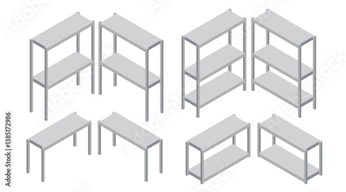 Collection of isometric metal shelving units. Empty warehouse racks. Aluminum industrial storage solutions. Modular metal furniture. Warehouse equipment. Vector illustration isolated on white