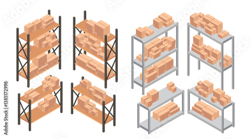 Isometric set of warehouse shelving with boxes. Loaded storage racks. Industrial shelving with cardboard packages. Metal frames with wooden shelves. Vector illustration isolated on white background