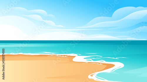 Tropical beach landscape. Turquoise ocean water. Sandy shoreline. Blue sky with white clouds. Coastal scenery. Vacation destination. Left section of panoramic seascape. Vector illustration