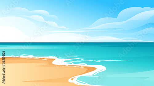 Tropical beach landscape. Turquoise ocean water. Sandy shoreline. Blue sky with white clouds. Coastal scenery. Vacation destination. Left section of panoramic seascape. Vector illustration