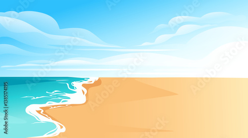 Tropical beach landscape. Curved sandy beach. Turquoise water with gentle waves. Clear blue sky. Center-right section of panoramic seascape. Vacation destination view. Vector scenery illustration