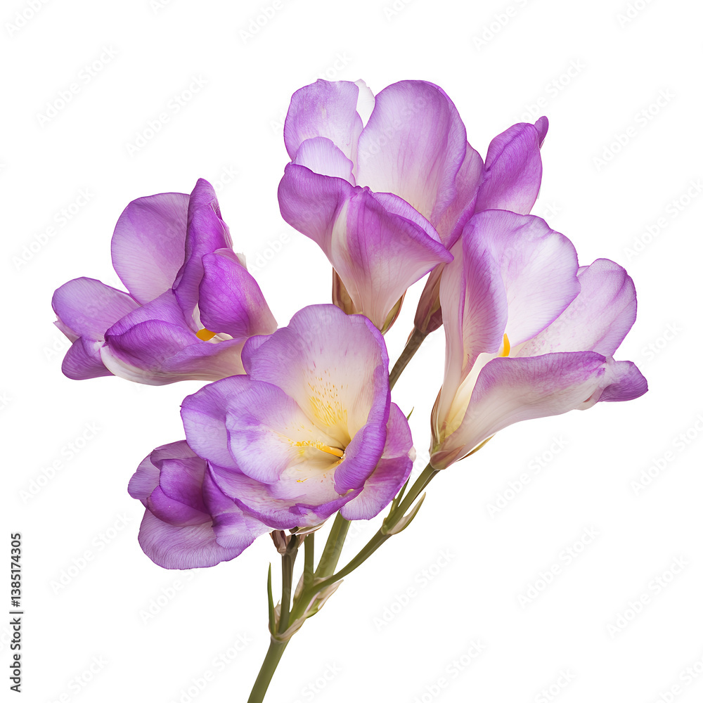 Fototapeta premium Delicate purple freesia flowers bouquet isolated transparent background