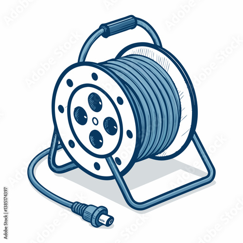 Create a vector illustration of a bold, black-outlined extension cord reel, emphasizing thick strokes and sharp details.  Include the power cord.