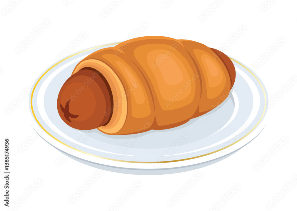 Sausage roll savoury dish on a plate vector illustration. Sausage meat wrapped in puff pastry icon vector. Pigs in a blanket icon vector isolated on a white background Sausage roll savoury dish on a plate vector illustration. Sausage meat wrapped in puff pastry icon vector. Pigs in a blanket icon vector isolated on a white background