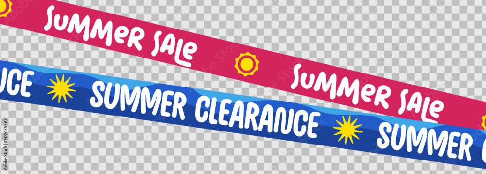 Obraz premium Bright Summer Sale and Clearance Tape with Bold White Text on Pink and Blue Backgrounds. Transparent PNG Style for Promotions, E-commerce, Packaging, and Marketing. Vector Illustration