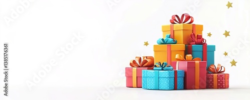 Colorful gift boxes stacked with starry background, festive and joyful atmosphere, vibrant wrapping paper, holiday celebration theme