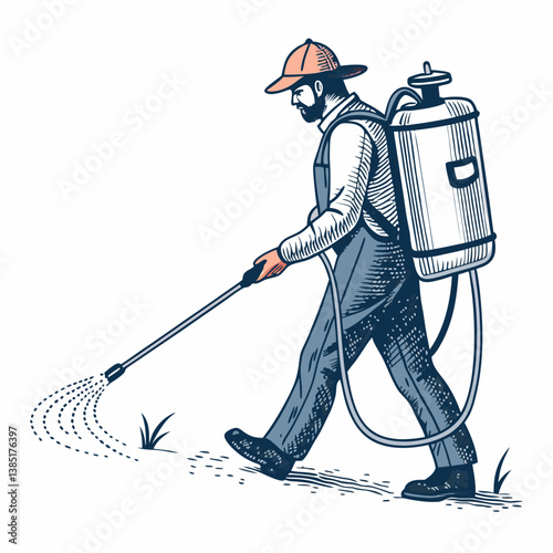 Create a bold, vector illustration of a pesticide sprayer, emphasizing strong lines and impactful design.  Include detailed nozzle and tank.