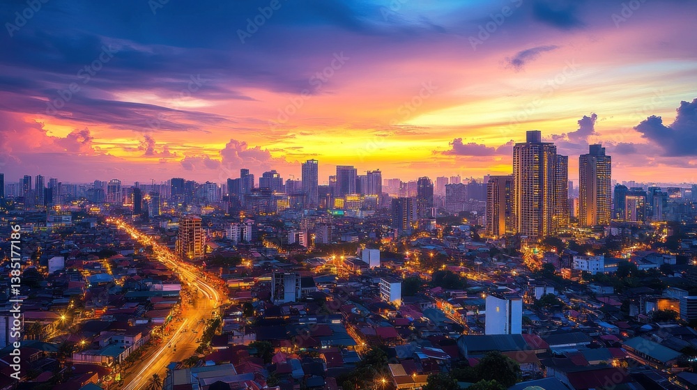 Fototapeta premium Cityscape sunset aerial view, vibrant twilight, highway traffic, buildings